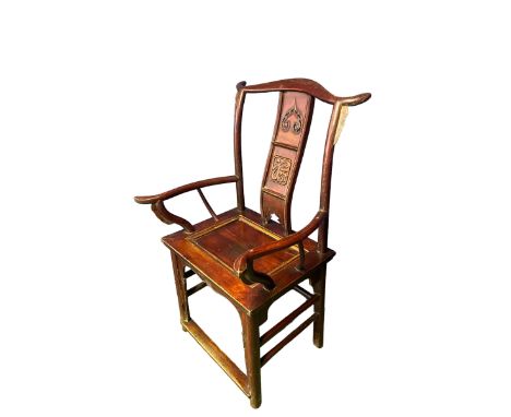 A C19th Style Chinese hardwood Yumu-Xale back, lamp hanger arm chair, curved slat back with pierced and carved decoration 
