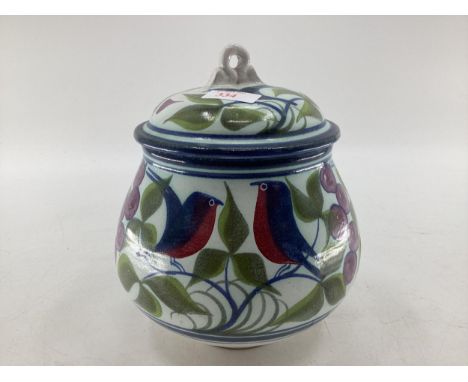 Alan Caiger-Smith, lidded vase with stylised bird and fruit decoration, monogrammed to base, 22cm H ; Aldermarston Pottery 