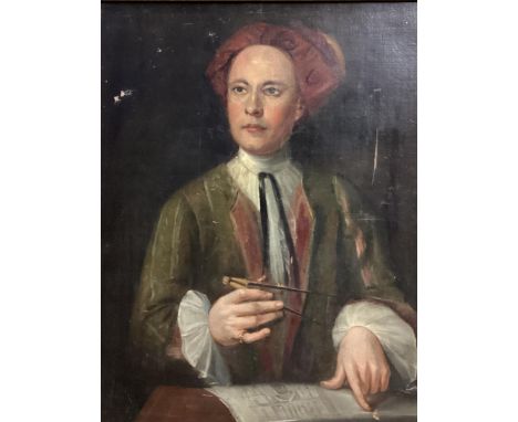 A C19th style oil on canvas bust portrait of possibly William Kent, with compass and plans, in part gilt frame , 74 x 59cm 