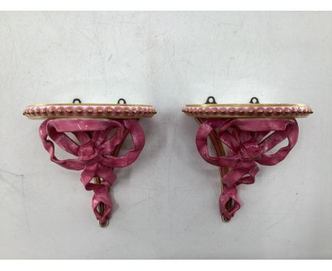 Pair of Royal Worcester Style ceramic wall brackets with pink ribbon and gilt decoration 15cm x 10cm 