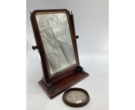C19th Mahogany swing mirror together with a small C19th dish with inset embroidery panel 