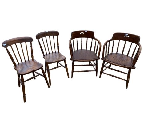 Pair of elm seated Windsor stick back  chairs, and a pair of Windsor tub chairs, some wear 