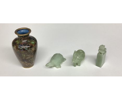 A small cloisonne vase, and a small glass elephant and a jade hardstone items 