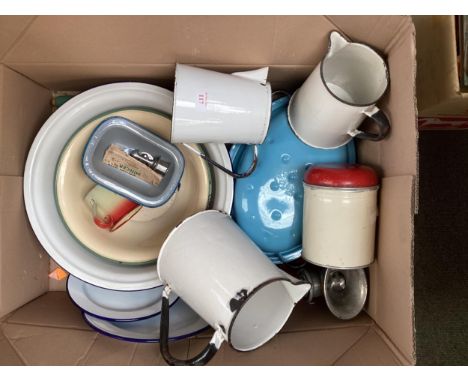 Kitchenalia, a collection of vintage enamel kitchen ware, to include lidded terrines, bowls, jugs, plates etc 