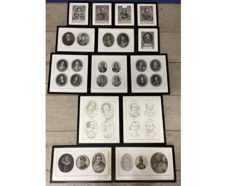 Quantity of framed C19th &amp; C20th portrait prints and pencil sketches of historical figures from European History, in glaz