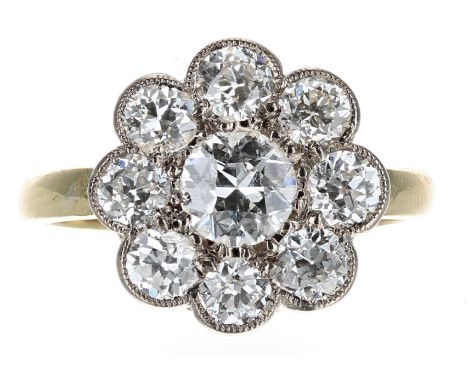 Attractive 18ct diamond cluster ring,&nbsp;1.60ct approx in total, 13mm, 3gm, ring size E/F 