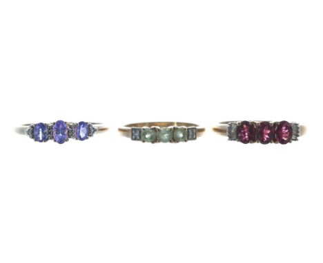 Two TJC 9ct gem set rings; together with a 9ct gem set ring, 6.6gm (3) 