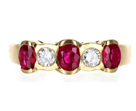 18ct yellow gold ruby and diamond five stone ring, with three rubies 0.60ct approx, and two round brilliant-cut diamonds, 0.2