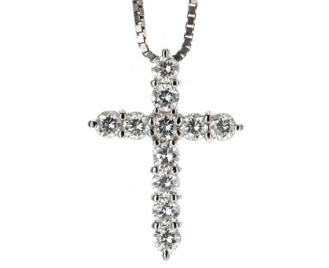 18ct white gold diamond cross pendant on chain, set with eleven&nbsp;round brilliant-cut diamonds, 1.10ct approx in total, 6.