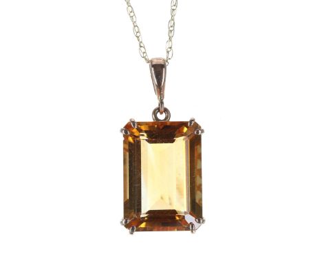9ct citrine yellow gold pendant on a fine neck chain, the citrine 11.80ct approx, 5.3gm, the pendant 29mm x 13mm, the chain 1
