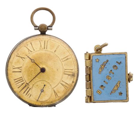 Novelty circular gilt metal locket pendant in the form of a pocket watch, 29.gm, 43mm; also a souvenir gilt metal and enamel 