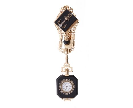 Fine quality Swiss black onyx, rose gold and diamond pendant fob watch with lapel attachment, the lapel clip with a cast shel