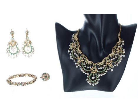 Impressive high grade Asian jewellery suite set with&nbsp;emeralds&nbsp;and pearls, comprising a necklace, bangle, cluster ri