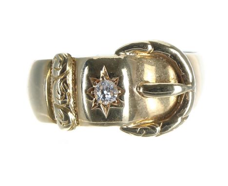 Clean antique 18ct yellow gold buckle design ring, set with a single round old-cut diamond, Chester hallmark, width 10mm, 5.3