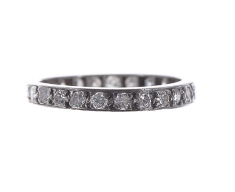 White metal full diamond eternity ring, no hallmark present but most likely platinum, round brilliant-cut diamonds, width 3mm