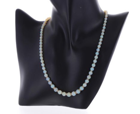 Graduated opal and faceted crystal bead single-string necklace, with opal beads graduated from 3mm to 7.5mm diameter, separat