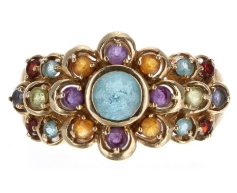 9ct yellow gold multi-gem set ring, width 12mm, 3.6gm, ring size L 