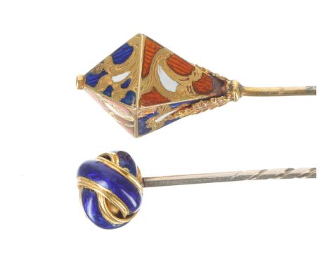 Two attractive gold and enamel stick pins, 8.1gm, each 70mm approx (2) 