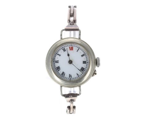 Swiss nickel cased wire-lug wristwatch, enamel dial with Roman numerals, red twelve and minute track, blued steel hands, snap