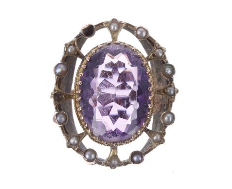 Large 9ct oval amethyst and pearl set dress ring, 28mm x 23mm, 8gm, ring size N (one pearl missing) 