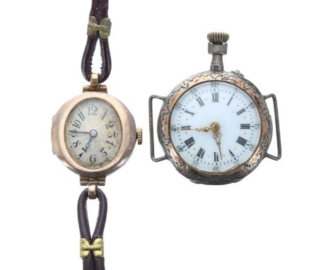 9ct ladies wristwatch for repair, import hallmarks London 1924, silvered dial, hinged case, brown leather strap, 12.8gm, 22mm