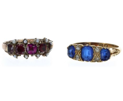 Antique 18ct scroll set ring, width 6mm, 2.8gm, ring size J; with a 9ct garnet and pearl ring, width 7mm, 1.7gm, ring size K/