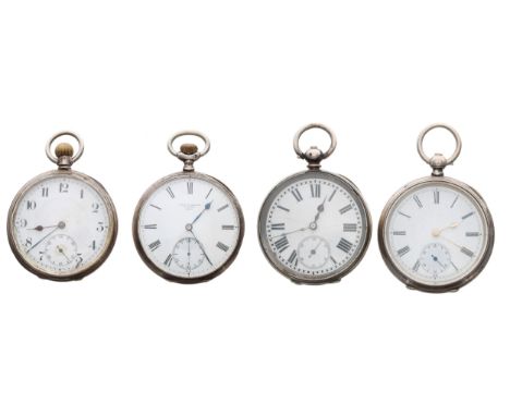 Two silver lever engine turned pocket watches; together with two silver (0.935) cylinder engine turned pocket watches (4) 