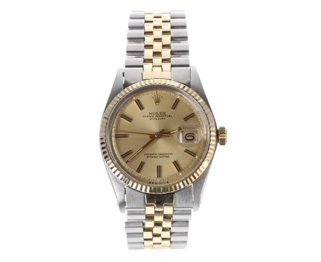 Rolex Oyster Perpetual Datejust gold and stainless steel gentleman's wristwatch, reference no. 1601, serial no. 3553xxx, circ