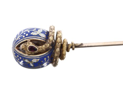 Antique gold and enamel stick pin modelled with an entwinned serpent snake, the head set with a single garnet, 5.3gm, 90mm ap