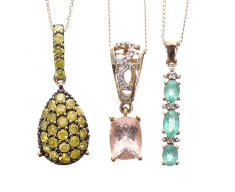 Three 9ct gem set pendants upon slender 9ct chains (one chain rose gold), 5.5gm (3) 