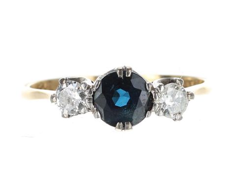 18ct three stone diamond and sapphire ring, the sapphire 0.50ct approx, width 7mm, 2.4gm, ring size P/R 