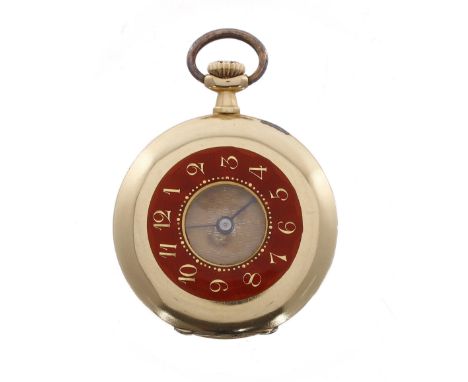 18ct cylinder and guilloche enamel half hunter fob watch, 20.7gm, 31mm (movement at fault and requires repair)-movement at fa
