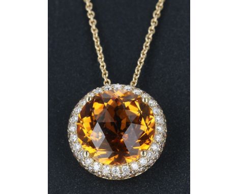 Fine 18ct citrine and diamond pendant on chain by Luke Stockley, Mayfair, the rose-cut citrine 7.20ct approx, in a pavé diamo