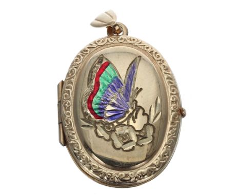 9ct and enamel oval locket pendant depicting a butterfly, 2.8gm, 32mm x 20mm 