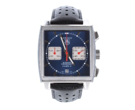 Tag Heuer Monaco automatic chronograph stainless steel gentleman's wristwatch, reference no. CAW2111, serial no. EBU5xxx, blu