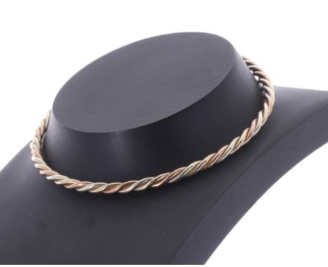 9ct bicolour rope twist design bangle, 13.4gm 70mm diameter 