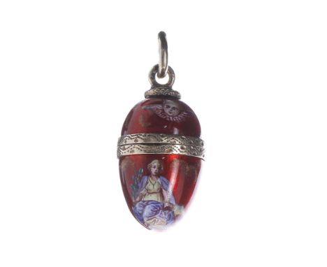 Late 19th century Austrian silver-gilt and enamel egg pendant by Ludwig Politzer, depicting figures and cherubs on a red grou
