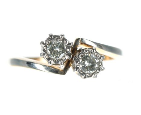 18ct yellow gold cross-over design two stone diamond ring, round brilliant-cuts, 0.15ct approx, width 8mm, 2.5gm, ring size K