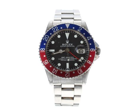 Rolex Oyster Perpetual Date GMT-Master 'Pepsi' stainless steel gentleman's wristwatch with a pointed crown guard case, refere