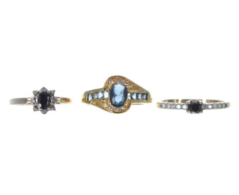 14k gem set ring, 3.3gm; together with two yellow metal gem set rings, 3.4gm (3) 