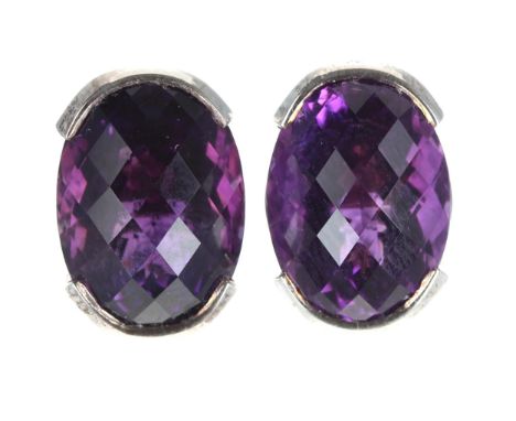 Pair of rose-cut oval amethyst stud earrings set in silver, 15gm, 18mm x 12mm 