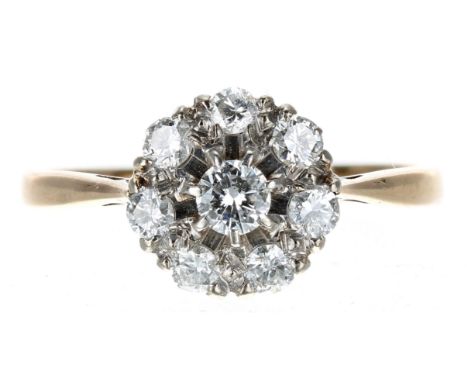 18ct yellow gold eight stone diamond floral cluster ring,&nbsp;0.45ct approx in total, 9mm, 2.5gm, ring size P/Q 