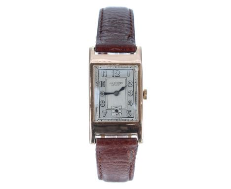 J.W. Benson 9ct rectangular gentleman's wristwatch, London 1936, rectangular silvered dial with Arabic numerals, minute track