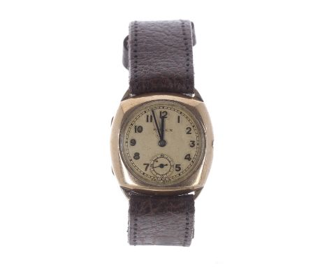 Rolex gold plated cushion cased gentleman's wristwatch, circular dial with Arabic numerals, minute track and subsidiary secon