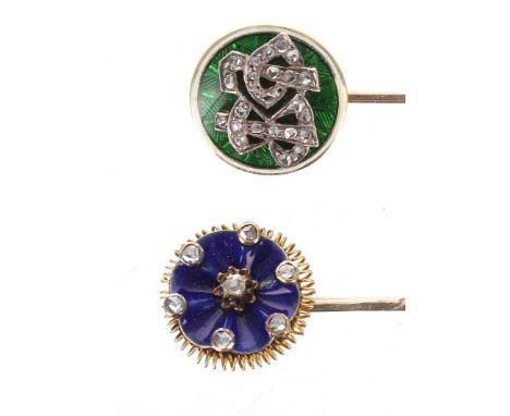 Two antique gold diamond and enamel stick pins, 7.3gm, each 80mm approx (2) 