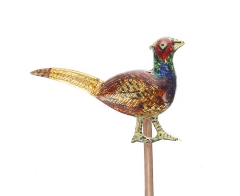 Novelty gold enamel stick pin in the form of a cock pheasant, 2.1gm, 63mm 