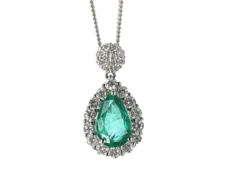 Attractive modern 18ct white gold emerald and diamond pear shaped pendant, the emerald 0.88ct approx, on a 9ct white gold nec