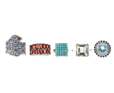 Five large assorted silver gem set rings to include two silver gilt examples,&nbsp;42.1gm (5) 