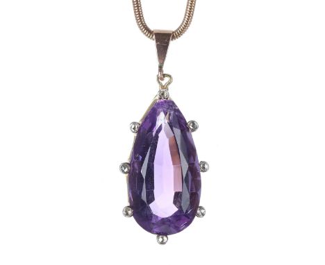 Amethyst and rose diamond pear shaped pendant on a 9ct snake link chain, the amethyst 15.00ct approx, 15gm, the pendant 32mm 