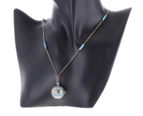 Pretty turquoise enamel and gilt ball pendant watch on a matching chain, the dial signed Meister, 17 jewel movement, 21mm dia